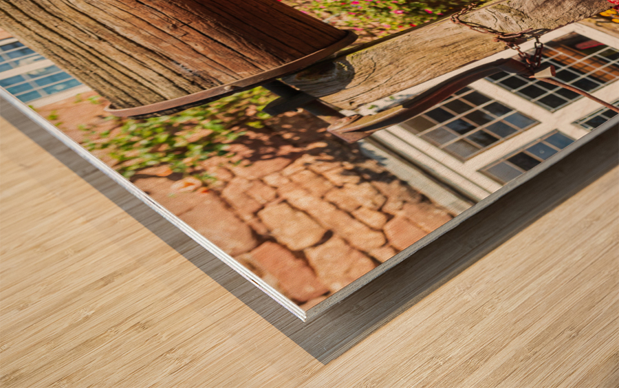 Wooden well winch frames welcome sign Wood print