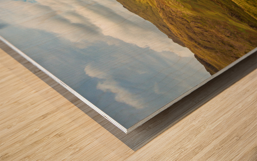 View through moorland valley from HardKnott Pass Wood print