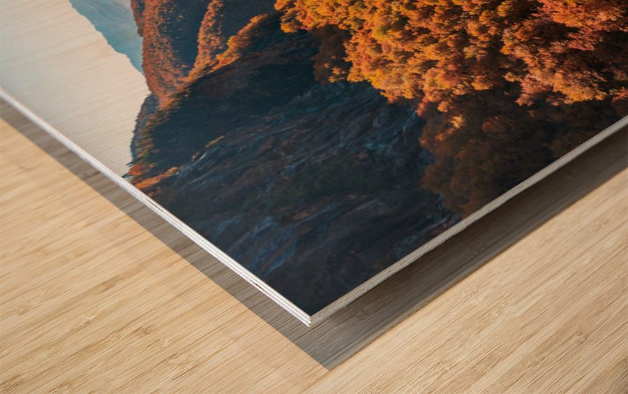 Aerial view of Smugglers Notch with fall trees in Vermont Wood print