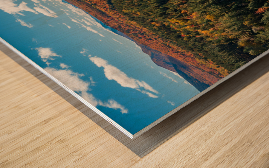 Saranac river flows through multi-colored fall landscape in Adir Wood print