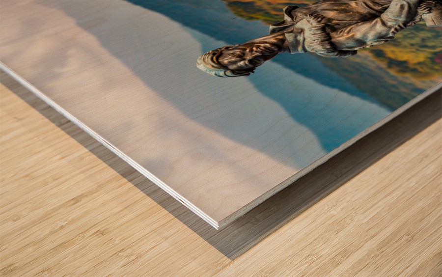 Mountaineer statue from WVU with fall leaves in West Virginia Wood print