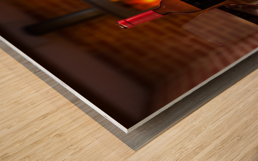 Red wine bottle and fruit with glass Wood print