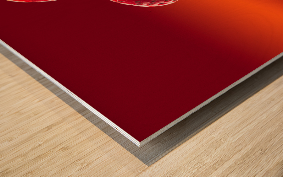 Fresh sliced strawberry in heart shape reflected Wood print