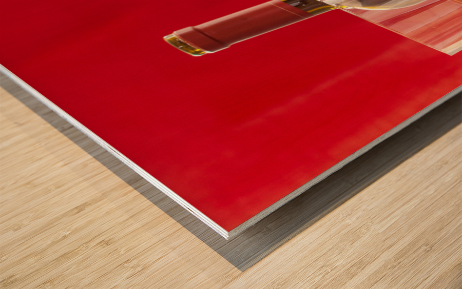 Red wine bottle and fruit with glass Wood print