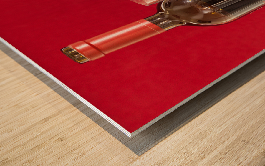 Red wine bottle and fruit with glass Wood print