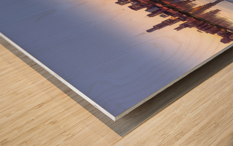 Sunset over city skyline Chicago from Observatory Wood print