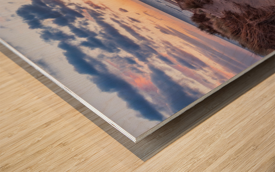 Sunset over Formby Beach through dunes Impression sur bois