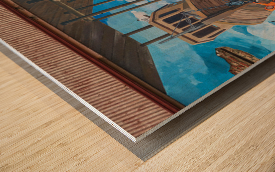 Wall mural of busy port on building in Punta Arenas in Chile Wood print