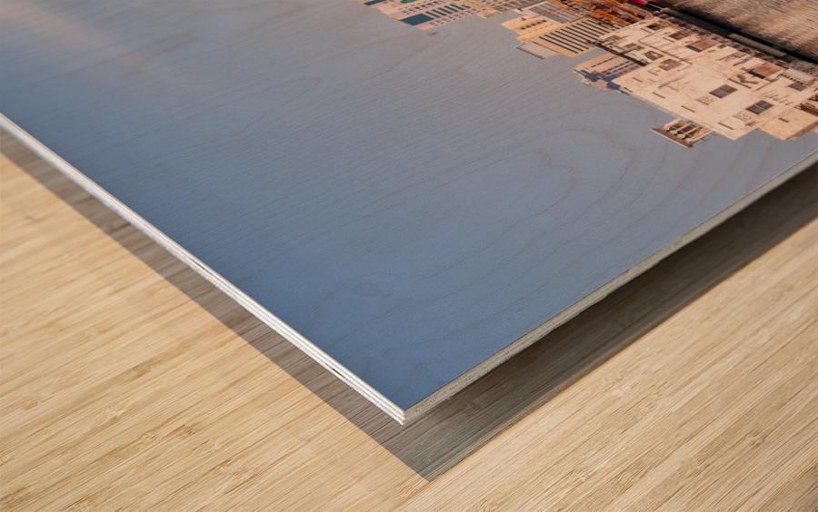 The Creek by Bur Dubai and Al Seef with large docked cruise boat Wood print