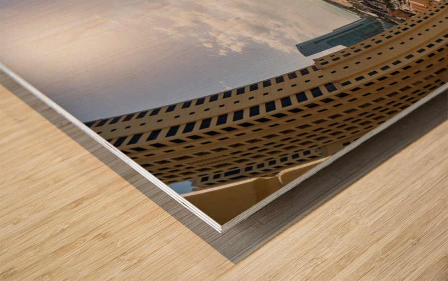 Fisheye view of Dubai observation wheel on Bluewaters Island Wood print