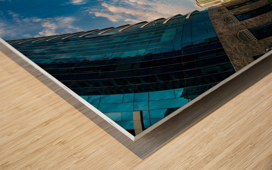 Fisheye view of tall buildings on waterfront at Dubai Marina Wood print