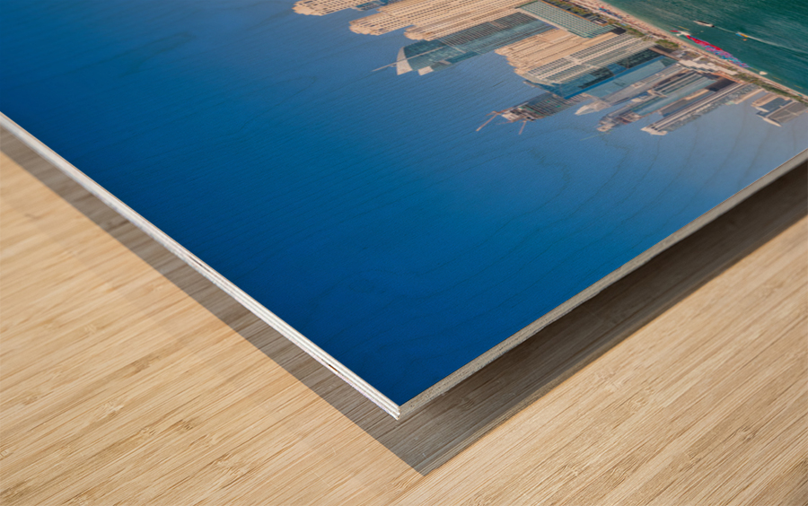 Skyline of hotels in JBR Beach above the sand and oceanfront Wood print