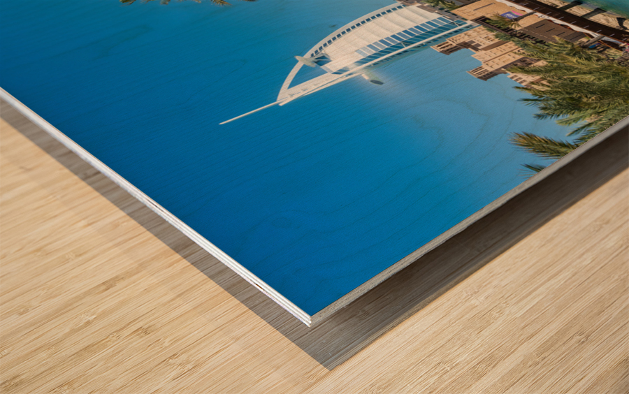 View of waterways around Souk Madinat Jumeirah in Dubai Wood print
