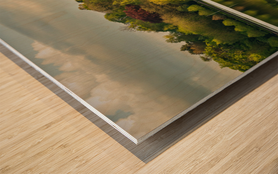 Panorama across the Mere to the town of Ellesmere in Shropshire Impression sur bois