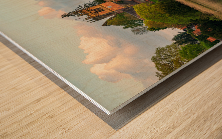 View across the Mere to the town of Ellesmere in Shropshire Wood print