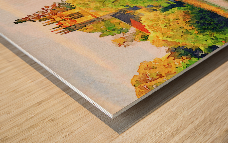 Watercolor across Ellesmere Mere in Shropshire to church Wood print