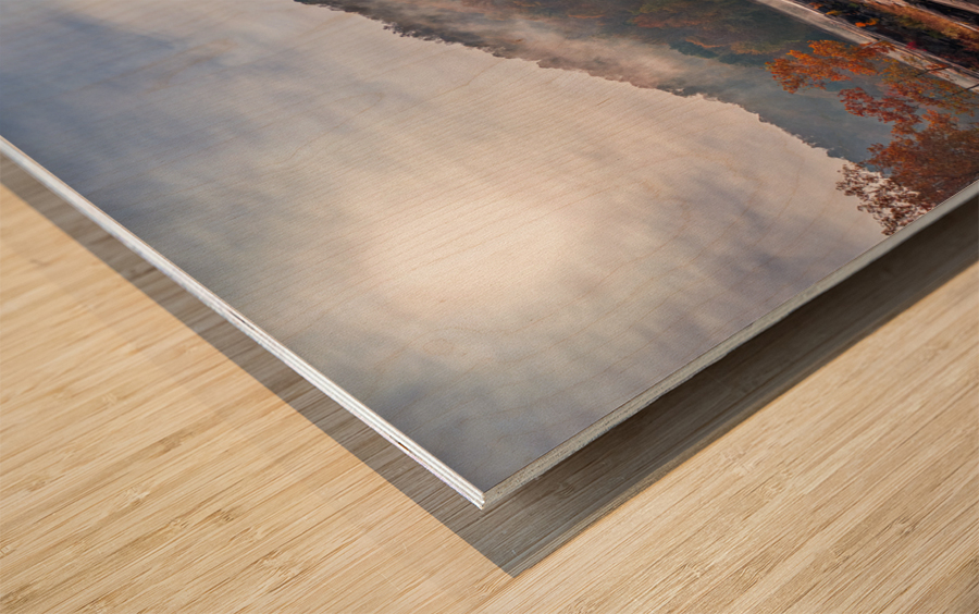 Sun rising over Valley Falls on a misty autumn day Wood print