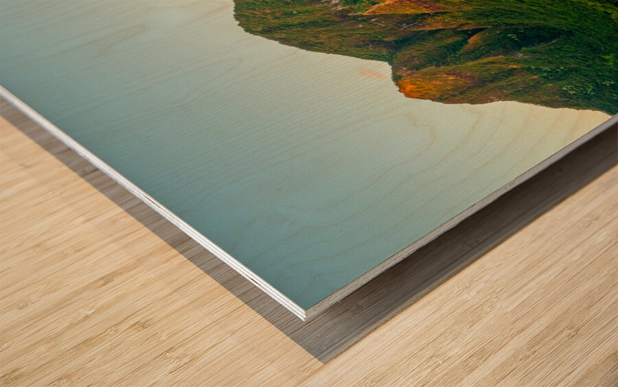 Aerial shot of Tunnels Beach at sunrise on Kauai in Hawaii Wood print