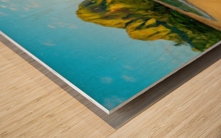 Oil painting sunrise over Tunnels Beach on Kauai in Hawaii Wood print