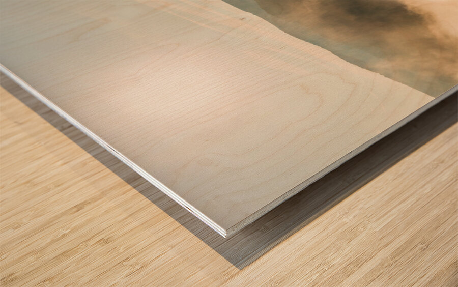 Mist rises from Cheat Lake in the early morning as the sun rises Wood print