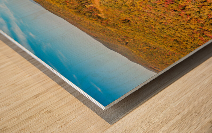 Aerial fall leaves around Coopers Rock reservoir in WV Wood print