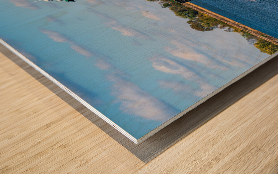 Tug boat or pusher boat leaving Lock and Dam 22 on Mississippi r Wood print