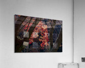 Red maple tree branch growing between two tree trunks in autumn Acrylic Print