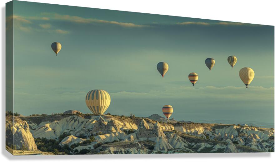 hot air balloons fly over goreme at dawn. Canvas Print