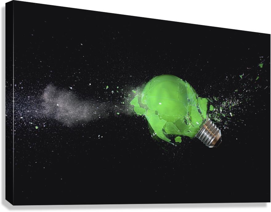 green light bulb shattering. Canvas Print