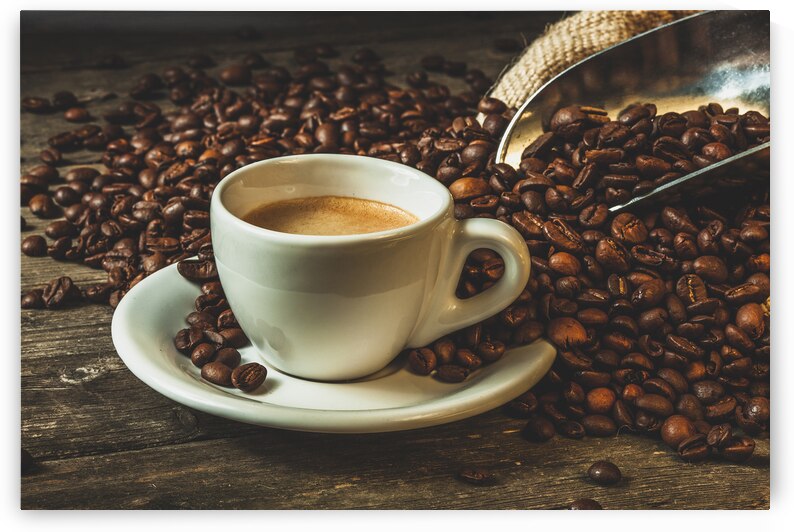 Coffee cup with roasted beans and jute sack  by Gualtiero Boffi