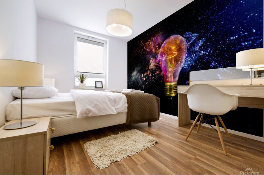 Exploding light bulb with colorful sparks Mural print