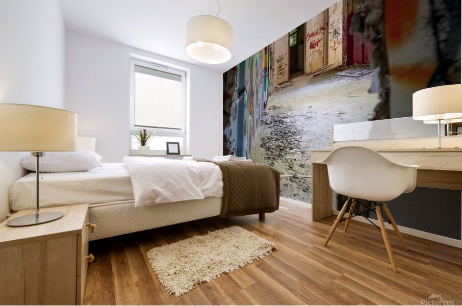 Interior of an abandoned and vandalised building Mural print