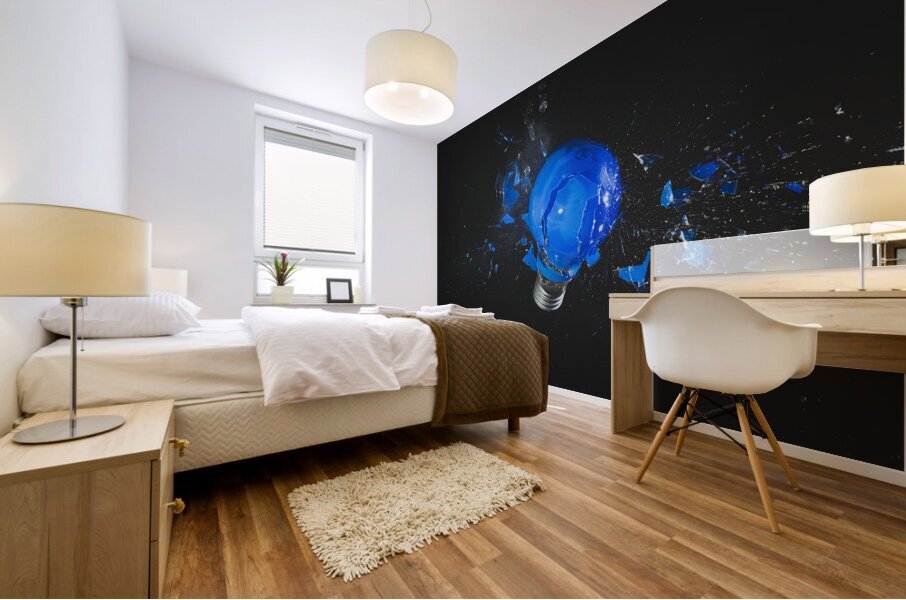 blue light bulb exploding on black.  Mural print