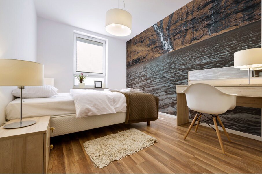 waterfalls that flow into the lake of Saksun in the Faroe Mural print
