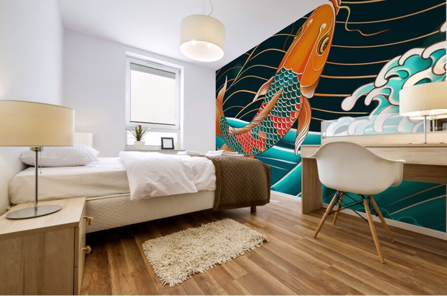 Traditional asian koi fish in waves illustration Mural print