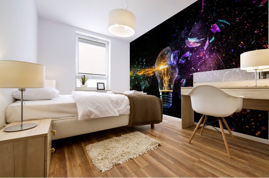 Exploding light bulb concept on dark background Mural print