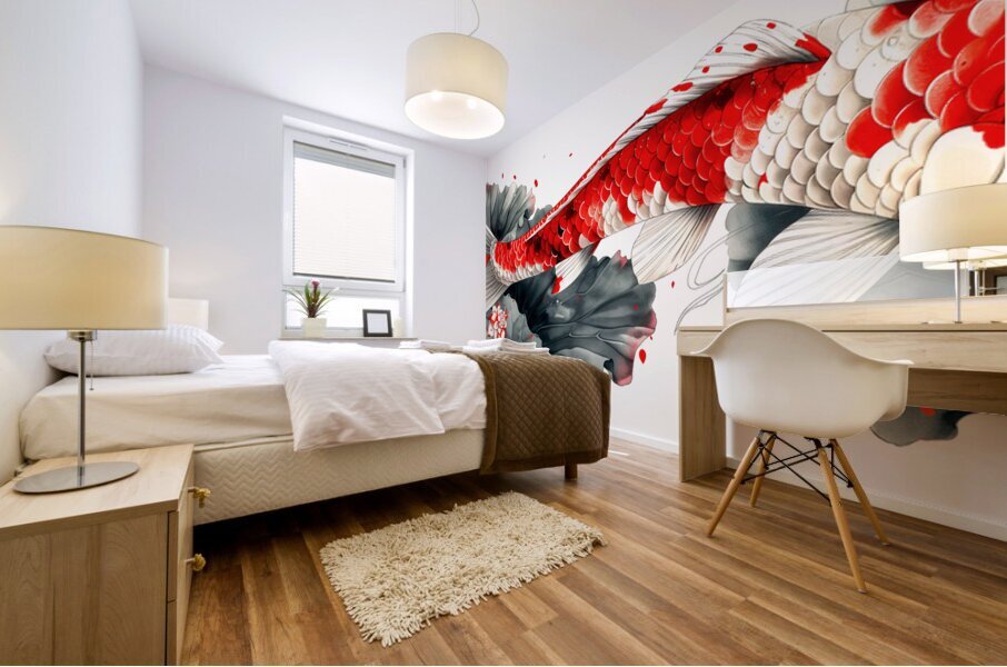 Elegant koi fish with lotus flowers panoramic art Mural print