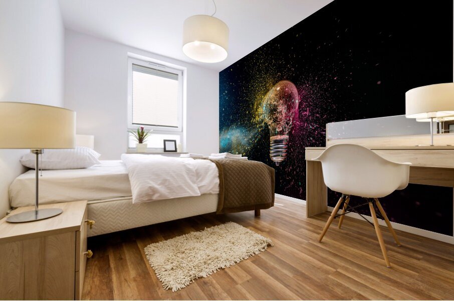 Lightbulb exploding with colorful powder Mural print