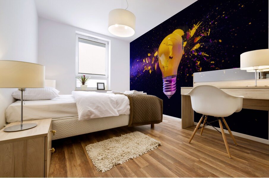 Yellow light bulb exploding black background  Mural print