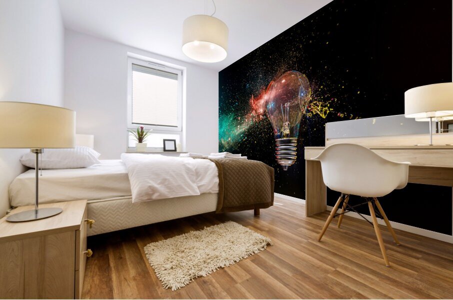 Light bulb exploding with colorful powder  Mural print