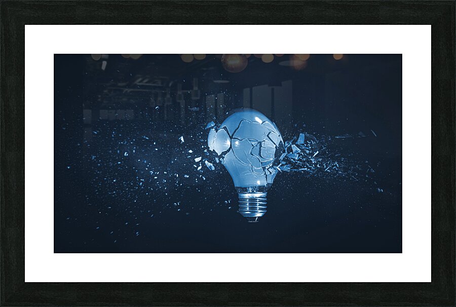 Shattered light bulb on dark background Picture Frame print