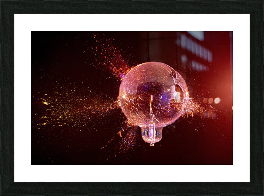 explosion of a glass bulb on a black background.  Picture Frame print