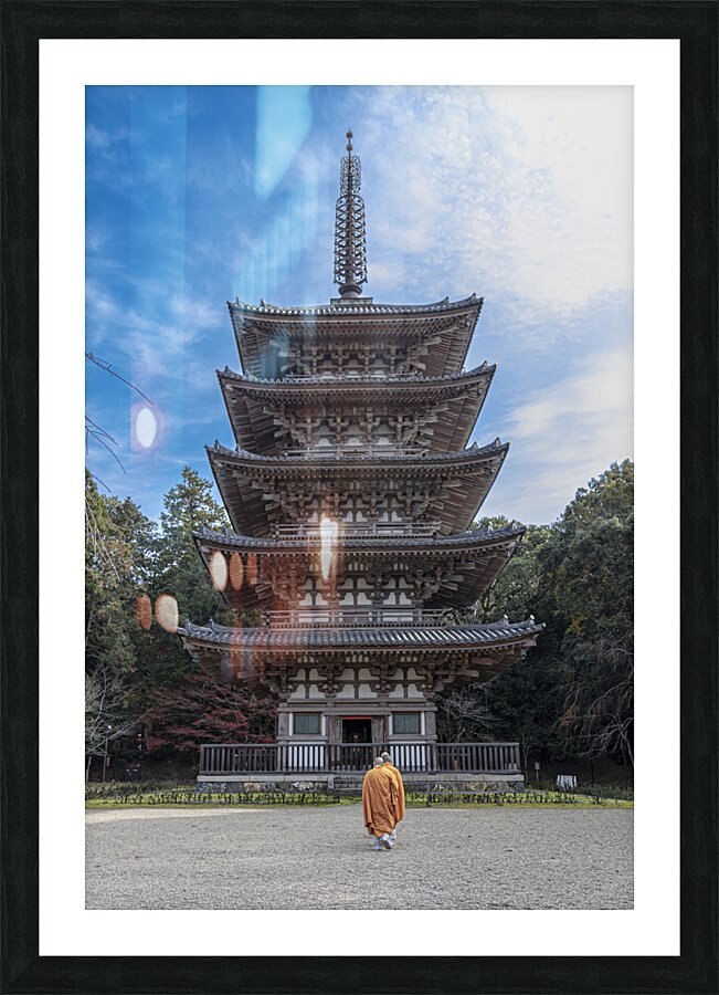 Five-storey pagoda of Daigo-ji Temple and monks  Picture Frame print