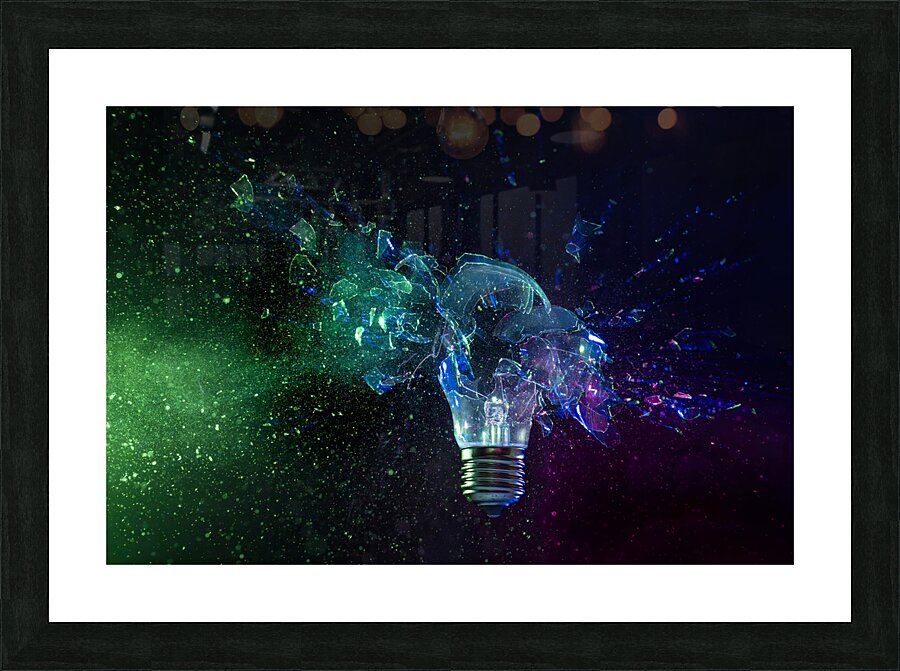 shattering bulb on black background Picture Frame print