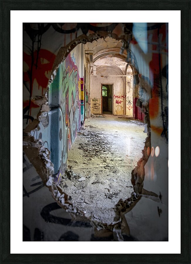 Interior of an abandoned and vandalised building Picture Frame print