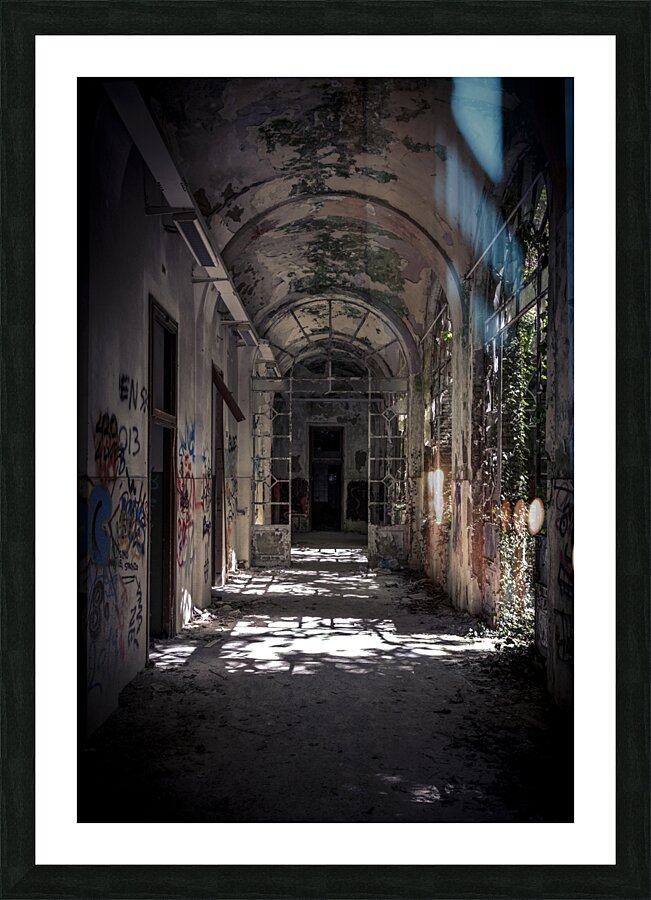 inside a decaying vandalised  structure Picture Frame print