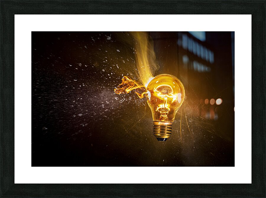 Broken electric bulb explodes  Picture Frame print
