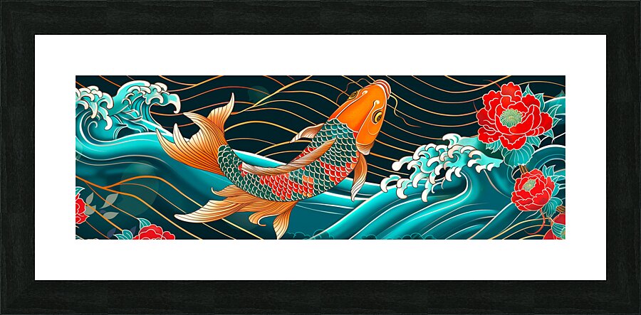 Traditional asian koi fish in waves illustration Picture Frame print