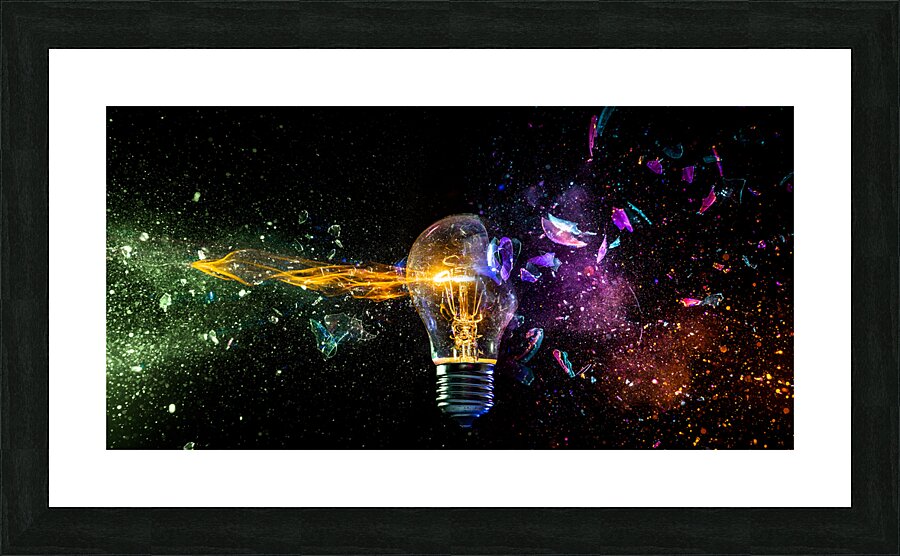 Exploding light bulb concept on dark background Picture Frame print
