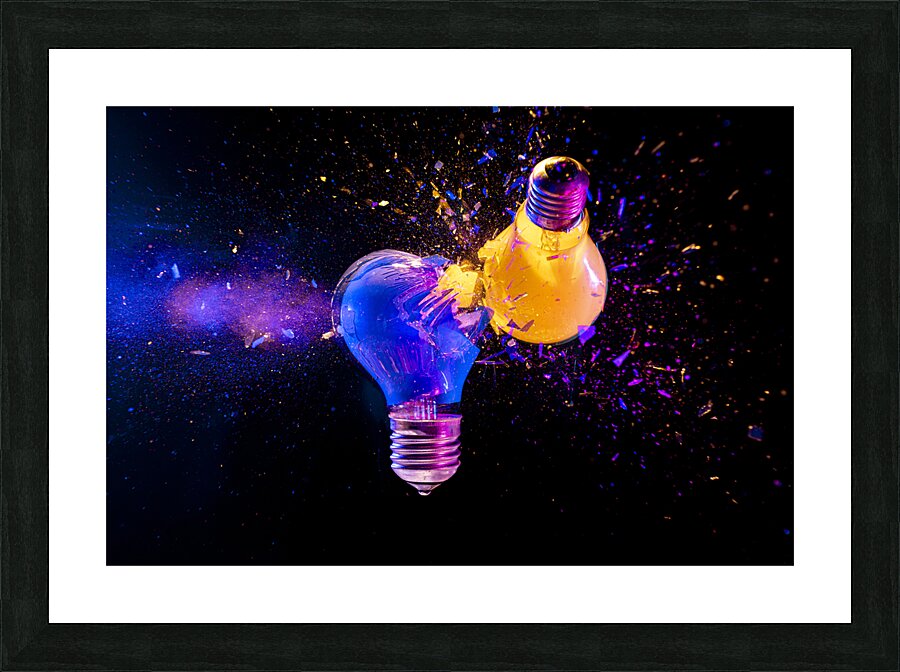 Two colorful light bulbs exploding in a cloud of shards Picture Frame print